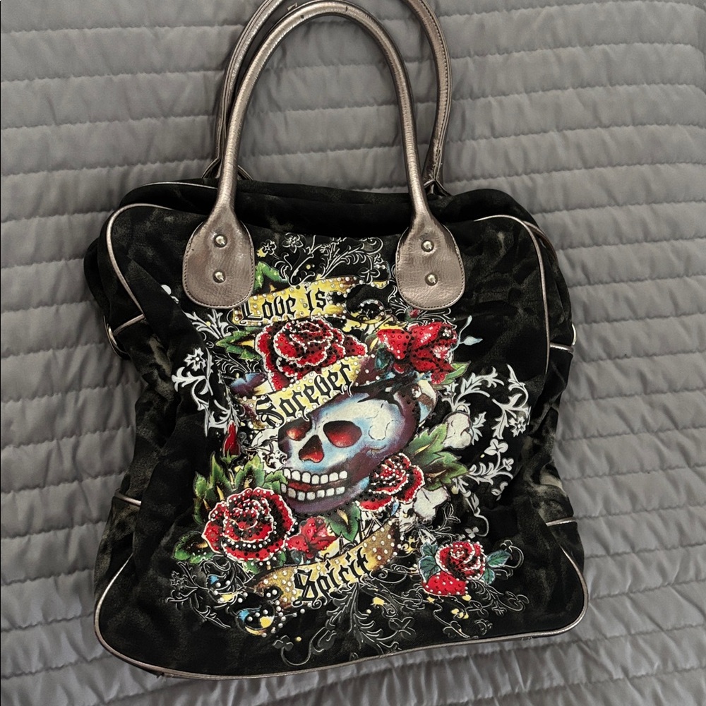 Embroidered Skull and Roses Tote Bag
